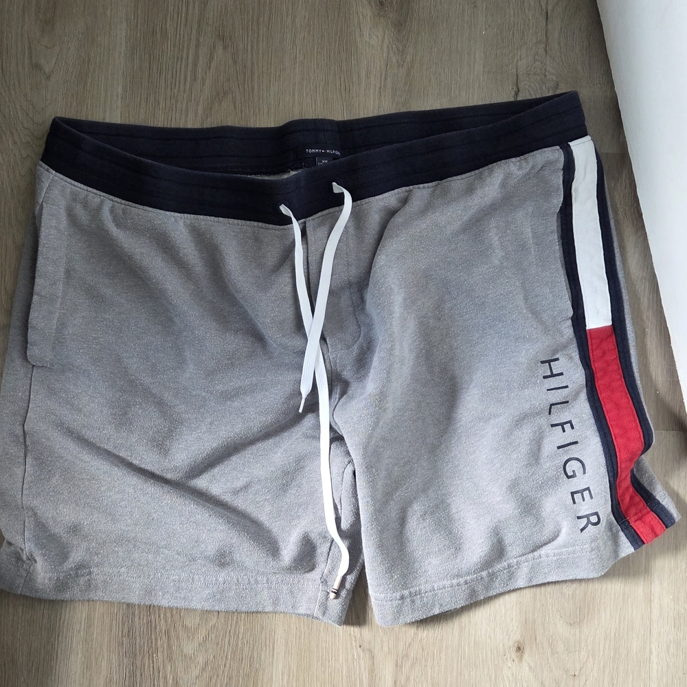 Tommy Hilfiger Gray Athletic Shorts with Navy, White & Red Side Stripes